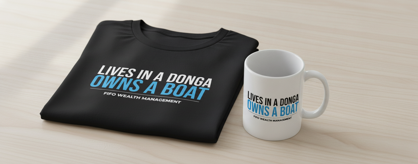 FIFO Gift Bundle - Lives in a Donga, Owns a Boat Tee + Mug - lifestyle photo