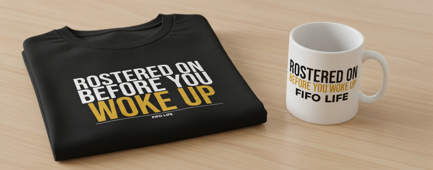 FIFO Gift Bundle - Rostered On Before You Woke Up Tee + Mug - lifestyle photo